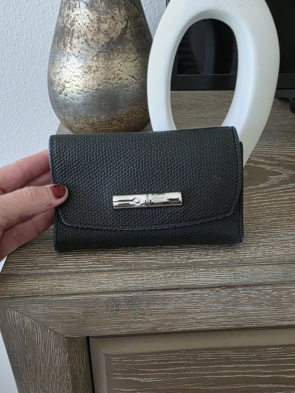 Longchamp Black Leather Compact Wallet with Silver Hardware